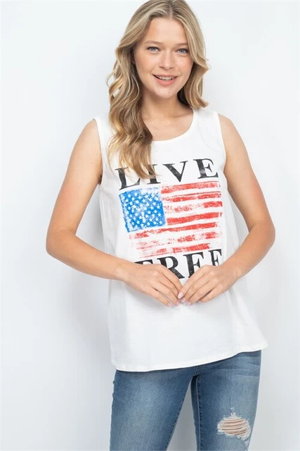 White Flag Print Tank Top Size Small Round Neck Live Free Red White Blue USA
