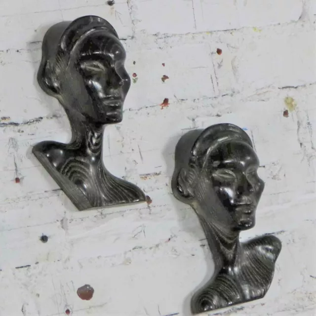 Art Deco Style Ebonized Oak Carved Female Bust Vintage Wall Sculptures, a Pair