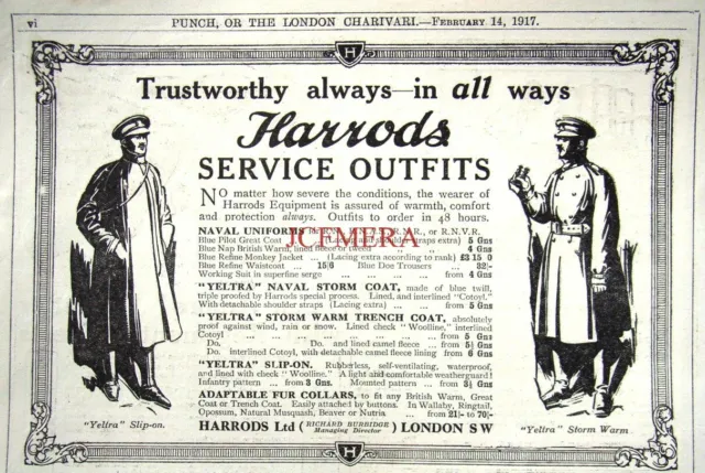 HARRODS 'Yeltra' WW1 Service Outfits 1917 Clothing Advert Print - Antique AD