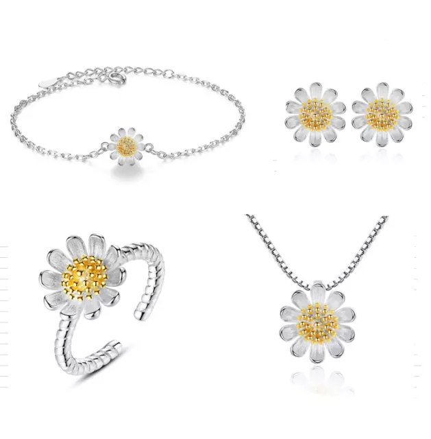 925 Sterling Silver Sun Flower Bracelet Necklace Ring Earrings Women Jewelry Set