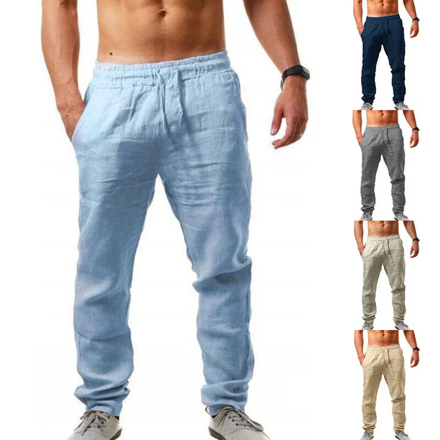 Mens Casual Linen Baggy Yoga Pants Drawstring Loose Straight Beach Long Trousers