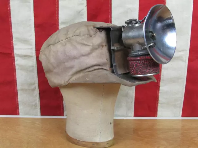 Vintage 1920s Miners Hat Tan Canvas Antique Mining Cap w/Carbide Lantern Display