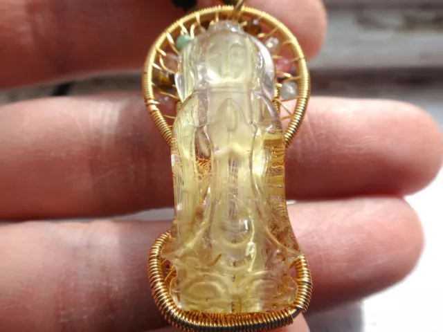 Natural Genuine Gemstone Golden Rutilated Quartz Kwan Yin Buddha Pendant