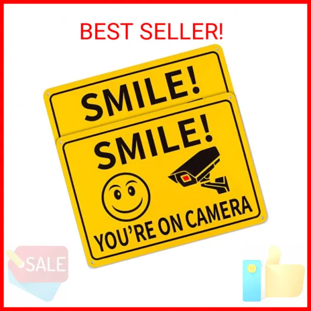2-Pack Smile You’re on Camera Sign, Video Surveillance Signs Outdoor, Security C