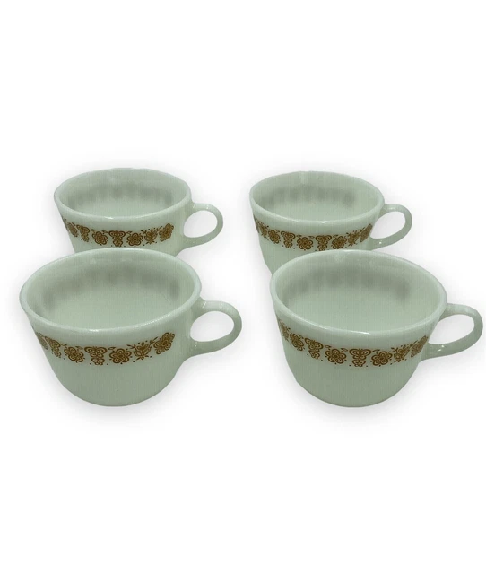 Set4 Vintage Pyrex Corelle Butterfly Gold Coffee Tea Cup Milk Glass With Handle