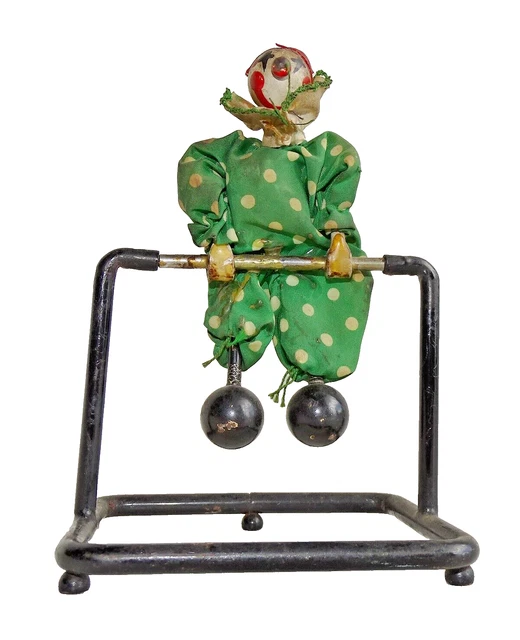 Ancien Jouet Mécanique Clown Acrobate Trapéziste - Fer Et Tissu, Vintage