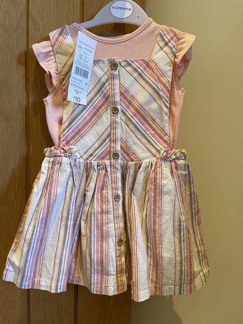F&F @ Tesco Baby Girl Striped Pinafore Dress Set Size 18-24 Months BNWT