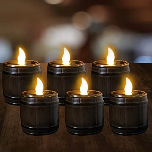 Wine Barrel Solar LED Tea Lights Candles Outdoor Waterproof 6pcs Brown