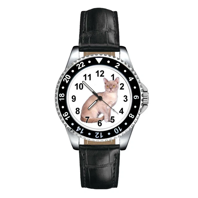 European Burmese Cat Mens Ladies Unisex Fashion Leather Band Quartz Wrist Watch