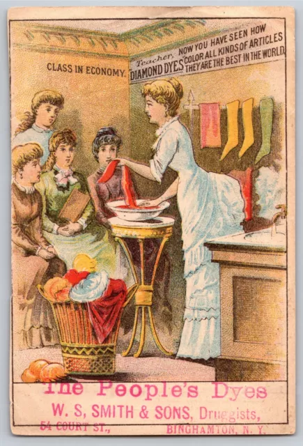 Diamond Dyes Victorian Trade Card Woman Teaches "Class In Economy"