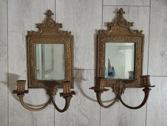 Pair of Antique French Brass Mirrored Wall Sconces.
