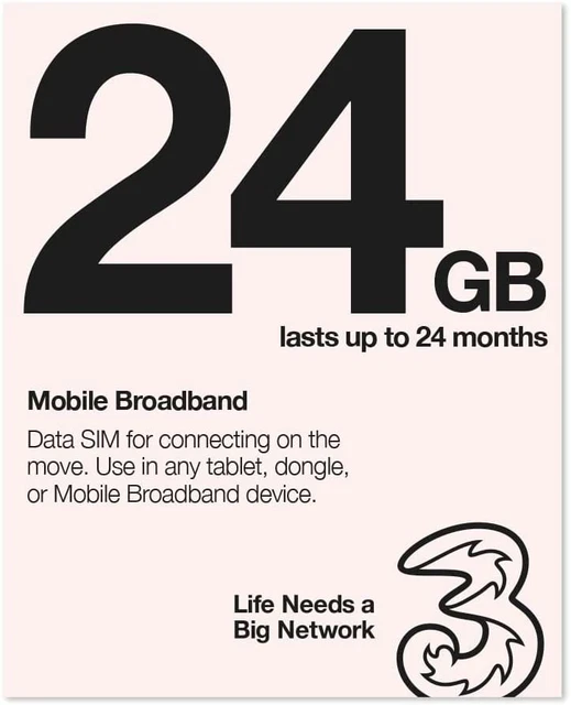 Three Mobile Pay As You Go SIM dati a banda larga mobile 24 GB
