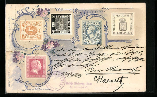 AK Briefmarken Bayern, Braunschweig, Schwerin und Sachsen, Freimarke, Ornamente