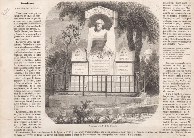 Le Tombeau d'ALFRED DE MUSSET Gravure Engraving 1861