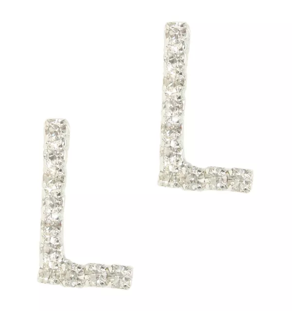 Initial Letter "L" Earrings Pierced Silver Tone Crystal Rhinestone Studded 3/4"