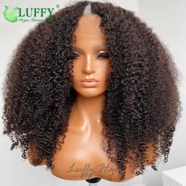 Afro Kinky Curly V Part Wigs Brazilian Human Hair 180% Density No Leave Out Wigs