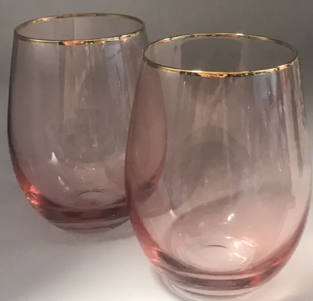 Pair Of Pink Stemless Wine Glasses With Gold Rims, Weighted Base ,Pre-owned