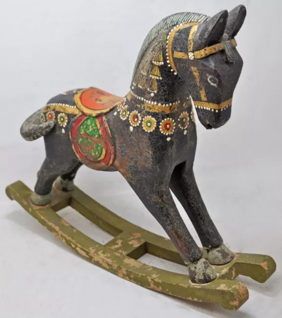 Hand Carved Fine Wooden Rocking Horse Figurine Finely Hand Painted Rustic Black