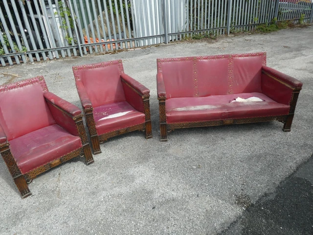 Very Decorative Antique Ornate Leather 3 Piece Suite For Restoration/Set Design