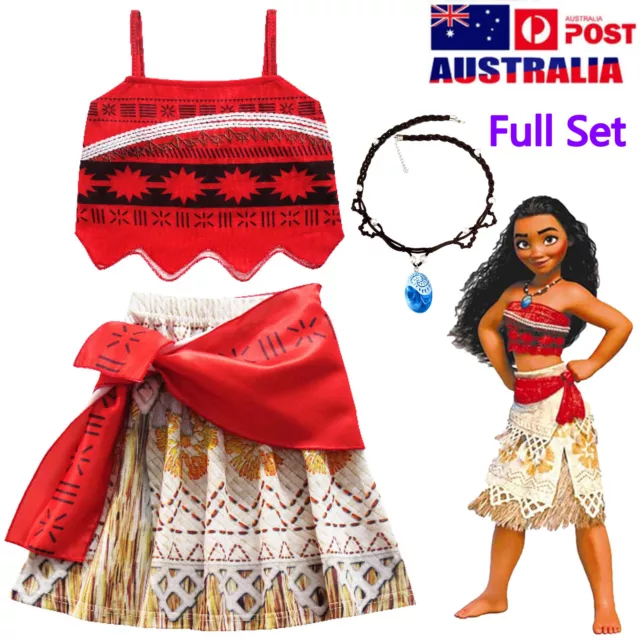 Kids Girls Moana Costume Hawaiian Princess Party Fancy Cosplay Dress + Necklace