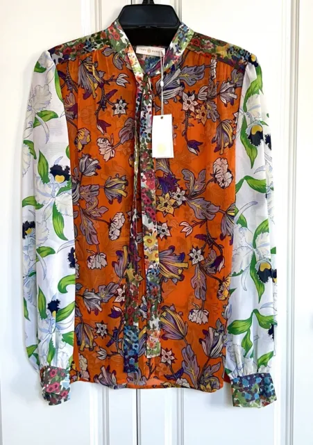 NWT Tory Burch size 10 Kia silk bow blouse orange grove california bloom print