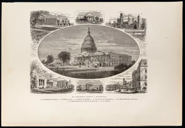 1880 - Washington Monuments - USA - Antique Woodcut