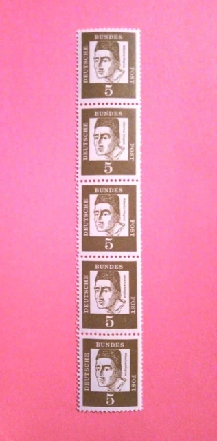 Bund 347y R, ZÄHLNUMMER 0990, Bed. Deutsche 5er Fünferstreifen von Rolle postfr.