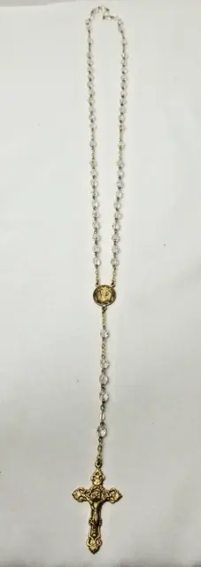 Clear Cut Crystal Beads Rosary Necklace Catholic Holy Cross Gold Tone Crucifix