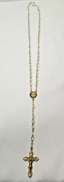 Clear Cut Crystal Beads Rosary Necklace Catholic Holy Cross Gold Tone Crucifix