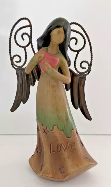 Wood Angel Holding Heart Metal Wings 7"x 4" Love one another deeply 1 Peter 1.22