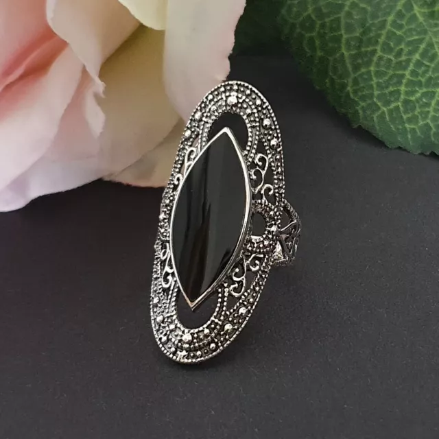 Großer Damen Silber Ring 925 Ornamente Ring mit schwarzem Onyx Stein Gothic