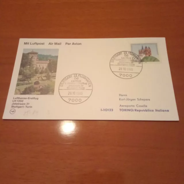 Cartolina FDC Lufthansa Primo Volo Stoccarda Torino 28/10/1985. Viaggiata ottima