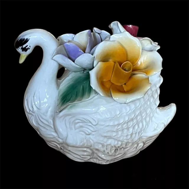 Capodimonte Vintage Porcelain Swan w/Flowers Figurine Made In Italy 7”