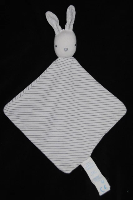 Doudou plat lapin blanc rayé gris OBAIBI OKAIDI losange nez argenté argent TTBE