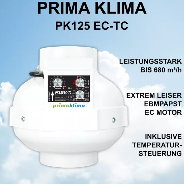 Prima Klima Rohrventilator mit Temperatursteuerung PK125EC-TC bis 700m³/h Abluft