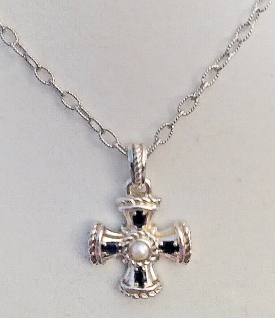 Judith Ripka Sterling Silver Sapphire Pearl Maltese Cross Pendant 20" chain