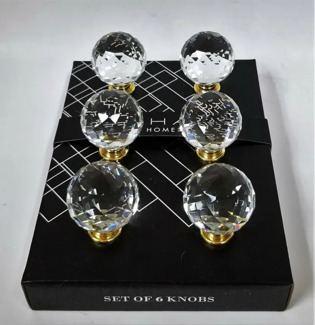 New Tahari Set Of 6 Shiny Gold Finish Clear Crystal Ball Drawer,Cabinet,Knobs