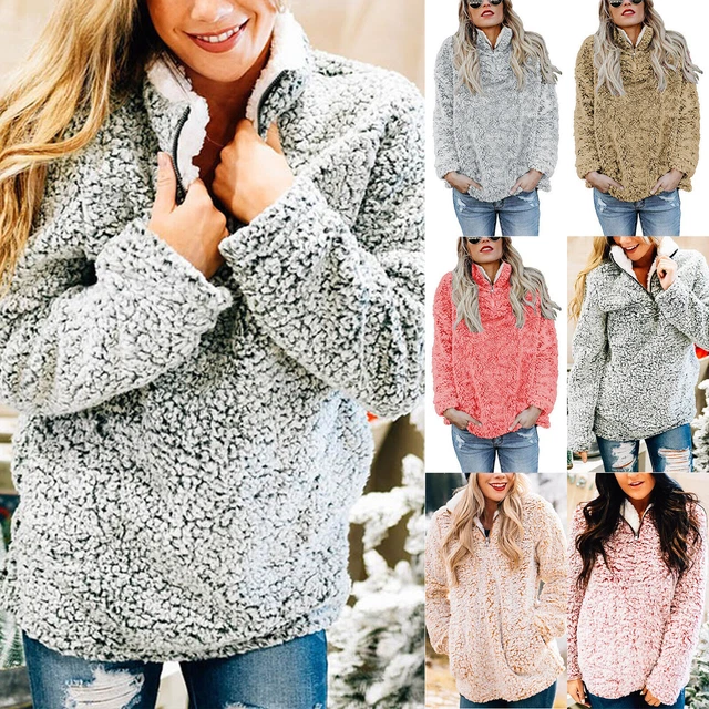 Womens Winter Fleece Fluffy Sweater Teddy Bear Jumper Casual Warm Pullover Tops