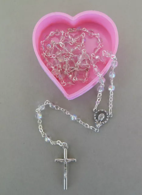 Rosenkranz schimmernde Perlen + Schatulle Herz rosa Erstkommunion Mädchen A 628