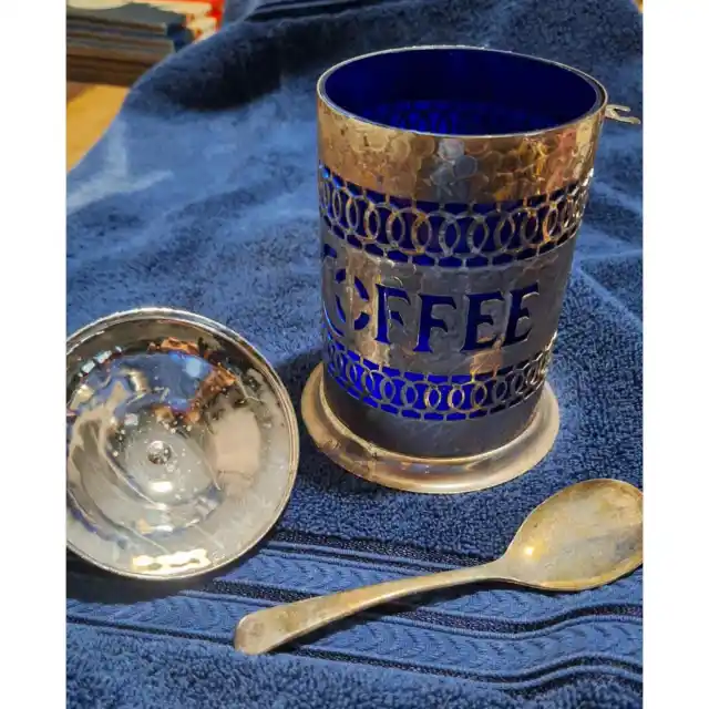 Silverplate Coffee Canister and Spoon with Cobalt Blue Insert
