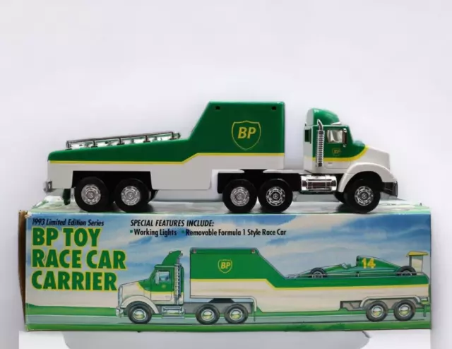 1993 Limited Edition Vintage BP Toy Race Car Carrier Truck