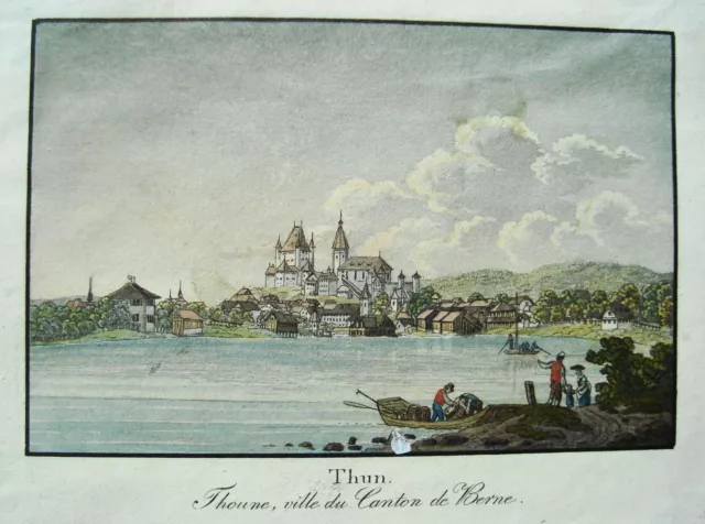 Thun Thuner See Thoune Schweiz alte altkolorierte Lithographie 1840