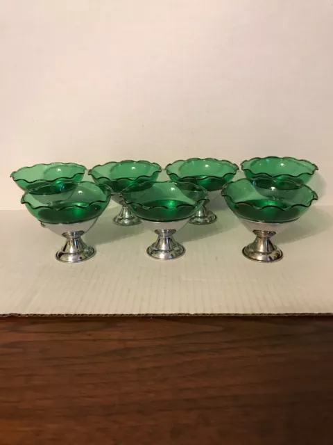 Vintage Set Of 7 Heller Hostess Green Glass Sherbet Inserts With Metal Holders