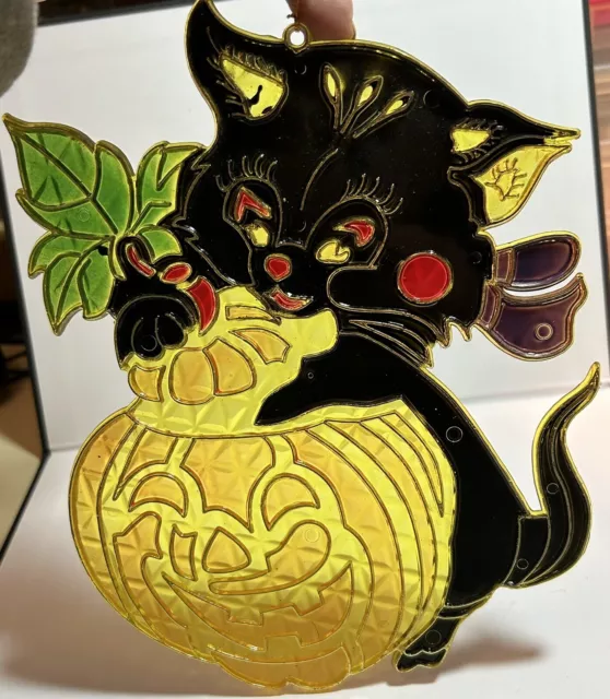 Vintage 70s Halloween Black Cat Pumpkin Stained Sun Catcher Hanging Decor Fall