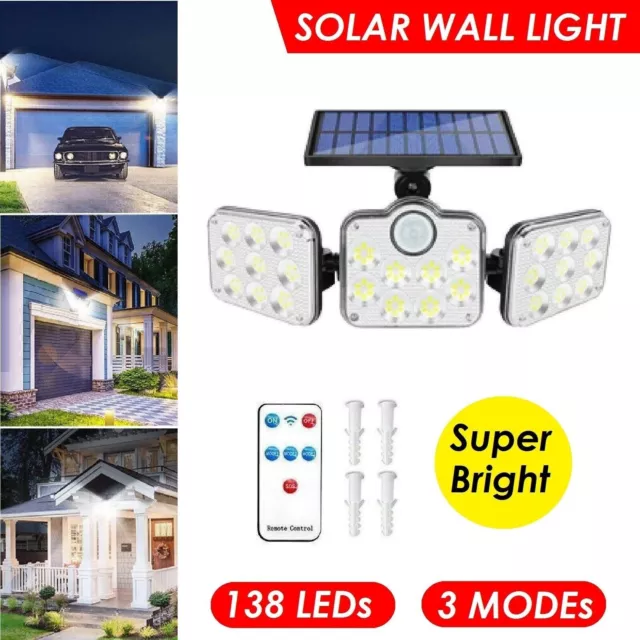 138 LED 3 Head Solar Motion Sensor Light Garden Lights Wall Security Flood Lamp