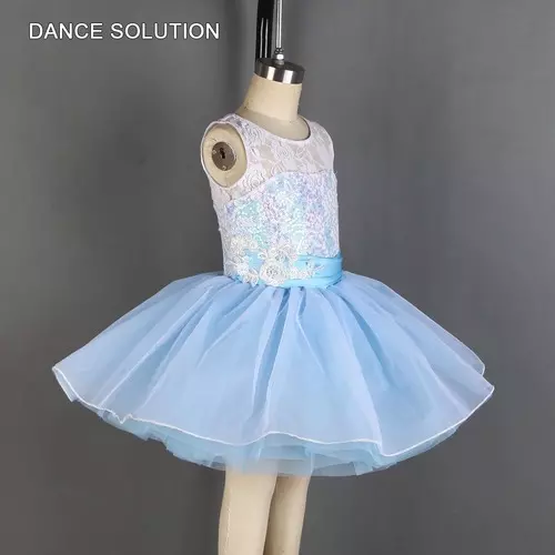 Pale Blue Ballet Dance Tutu White Sequin Lace Leotard Layers Platter Tutu Skirt 3