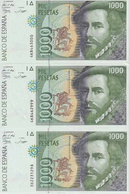 Spain-3 1000 Pesetas Banknote "Consecutive#" 1992 Choice Uncirculated Pick#163