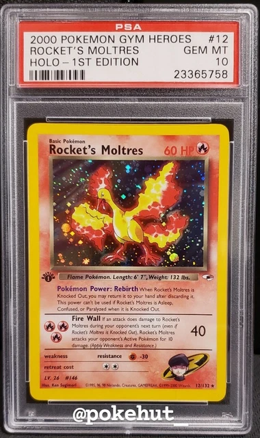 Pokemon Psa 10 Gem Mint 1St Edition Rocket's Moltres Holo 12/132 Gym Heroes Wotc