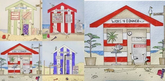 One Of Four Humourous Original Paintings Carlo, Beach Huts #carlosbeachhuts