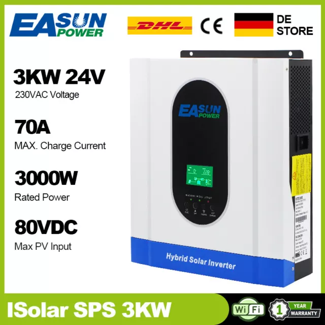 EASUN 3000W Solar Wechselrichter 230VAC PWM 70A PV 18V-80VDC De 24V Batterie